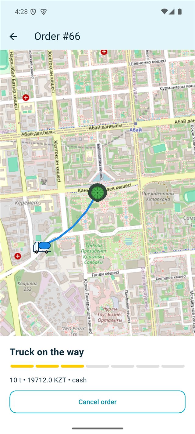 Truck tracking screen on the map