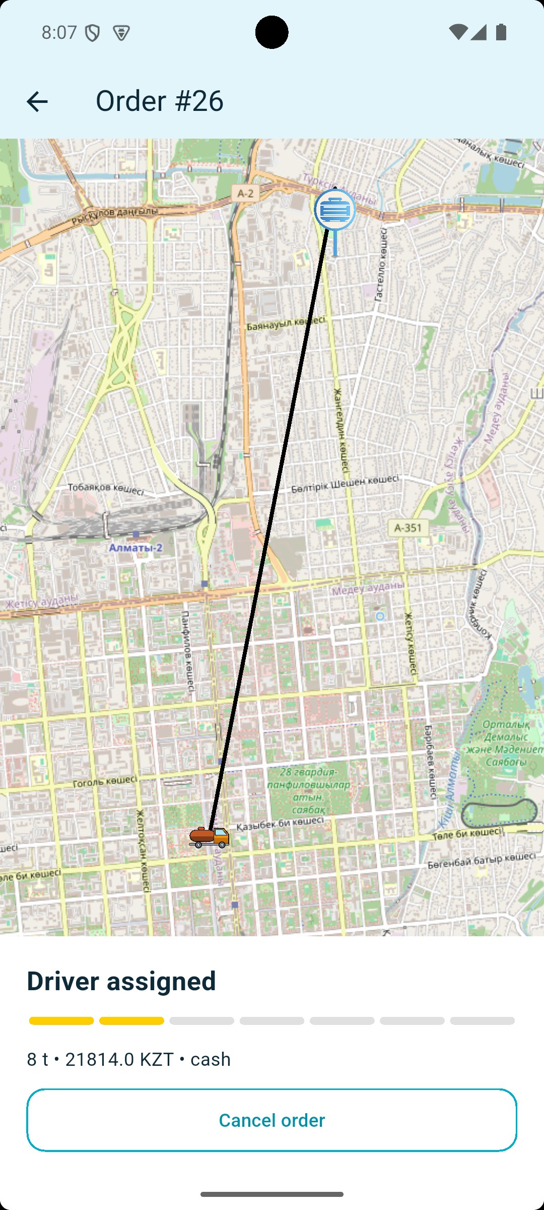 Truck tracking screen on the map