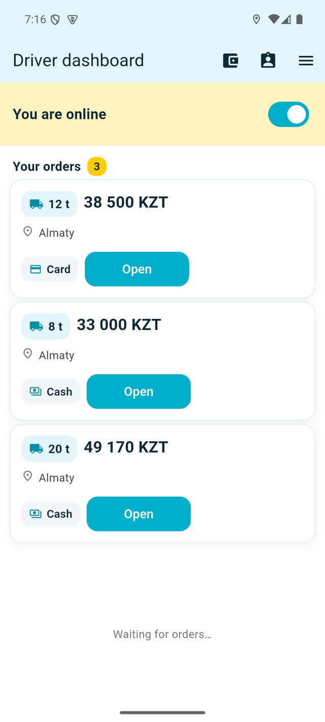 Screen showing three active driver orders